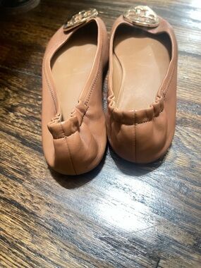 Tory Burch Tan Leather Logo Ballet Flats with Gold Emblem